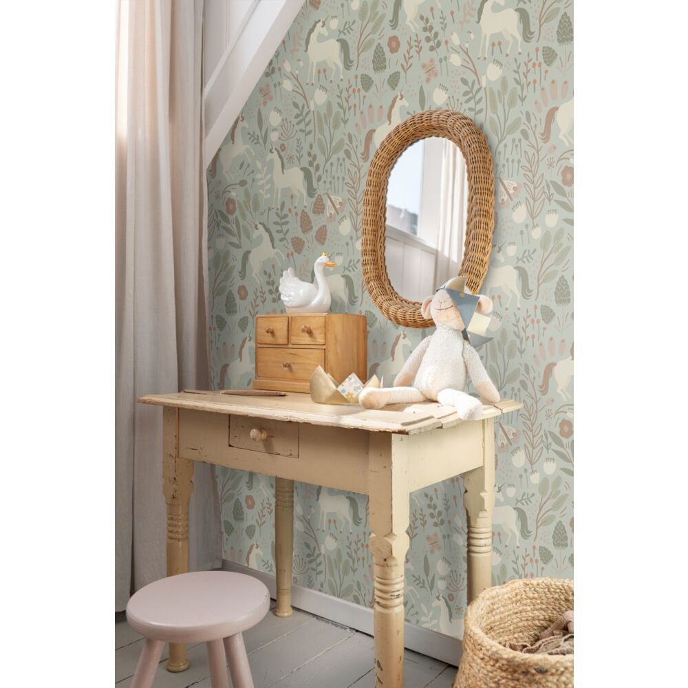 Wallpaper infantil Unicornios Verde grisáceo