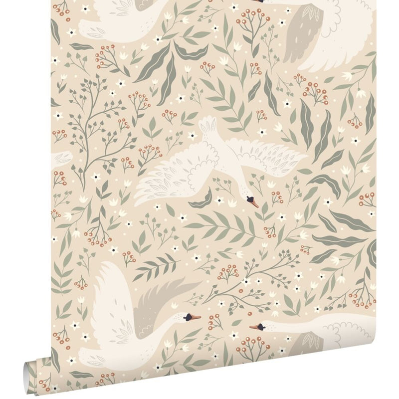 Wallpaper infantil Cisnes Beige blanco