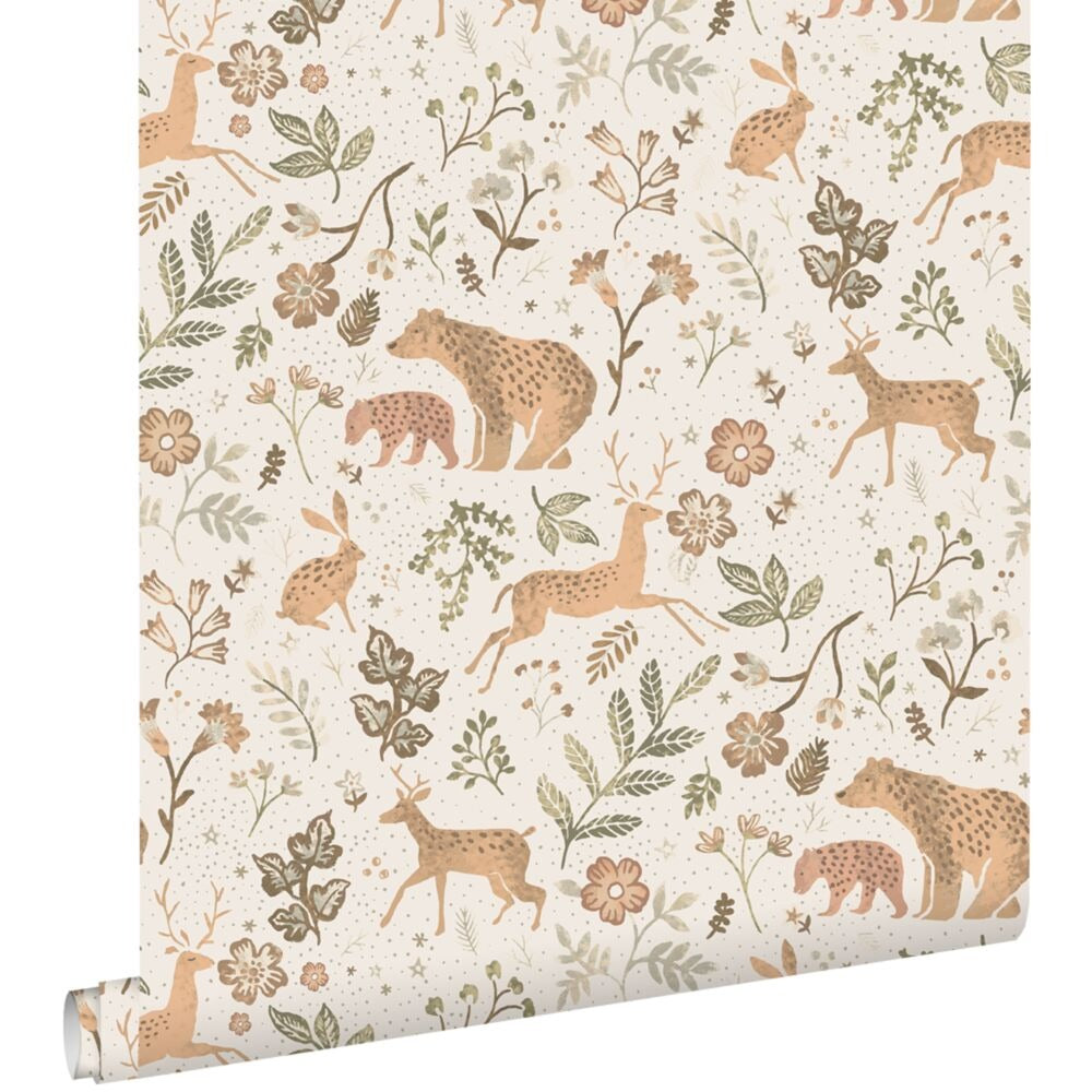 Wallpaper infantil animales del bosque blanquecino y beige