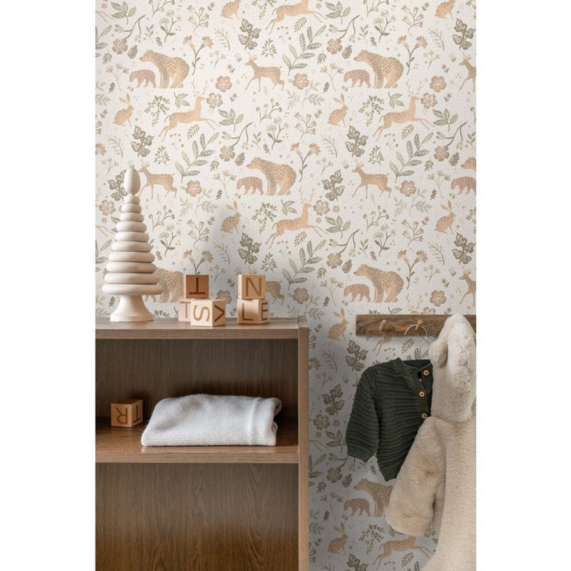 Wallpaper infantil animales del bosque blanquecino y beige