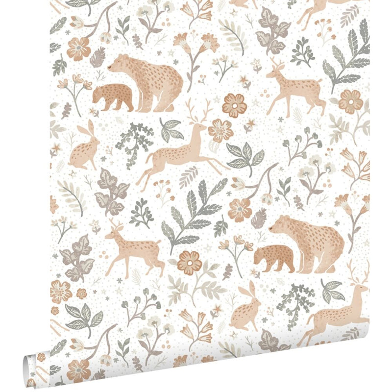 Wallpaper infantil animales del bosque verde grisáceo y beige